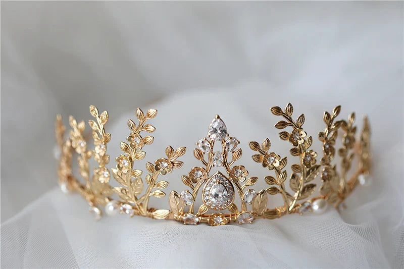 Bridal Hair Jewelry Gold Color Tiaras Flower Crowns Zircon Prom Pageant Headbands Headpiece For Brides Women Wedding Accessories