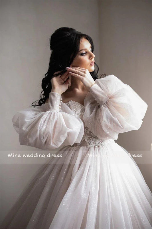 New Ball Gowns Detachable Puff Sleeves Glitter Wedding Dress Appliques Off Shoulder Tulle Boho Bridal Gown