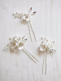 Wedding Accessories Rhinestones Crystal Head Pieces Porcelain Flower Hair Pins Clips Hairpins Brides Headdress Bridal Jewelry silver color