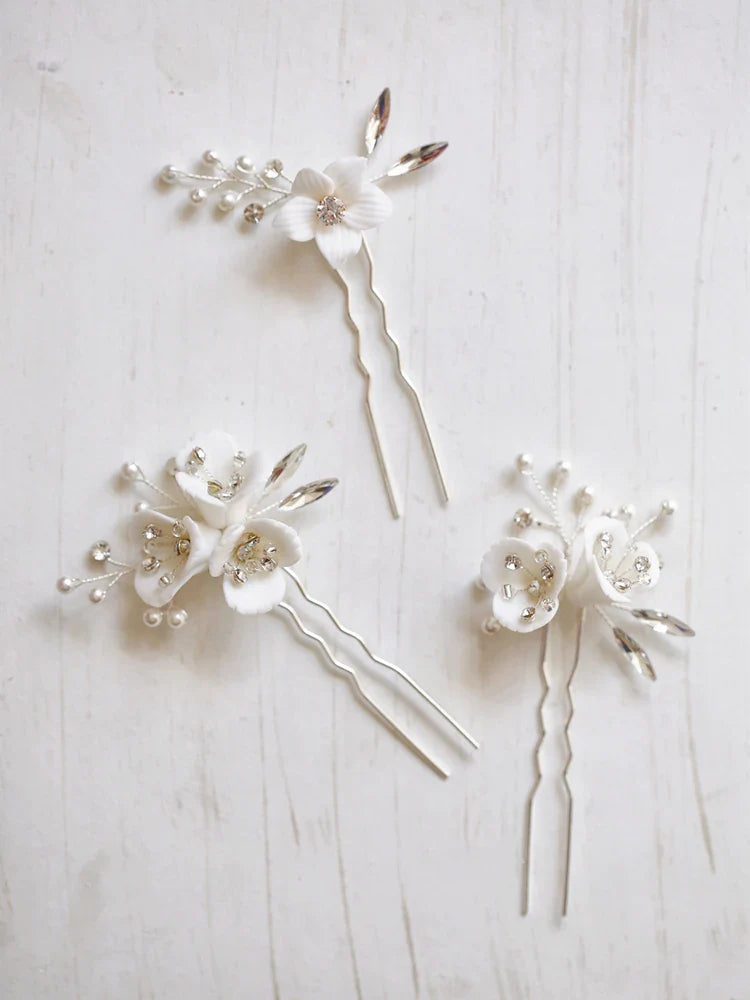 Wedding Accessories Rhinestones Crystal Head Pieces Porcelain Flower Hair Pins Clips Hairpins Brides Headdress Bridal Jewelry silver color