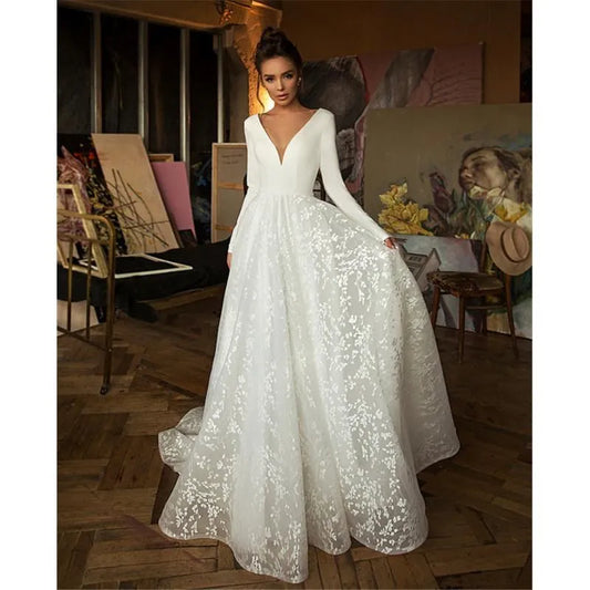 Vestido De Noiva Boho Wedding Dress Satin A Line Wedding Dresses Longue Long Sleeves V Neck Simple Bridal Dress Robe De Soiree Ivory