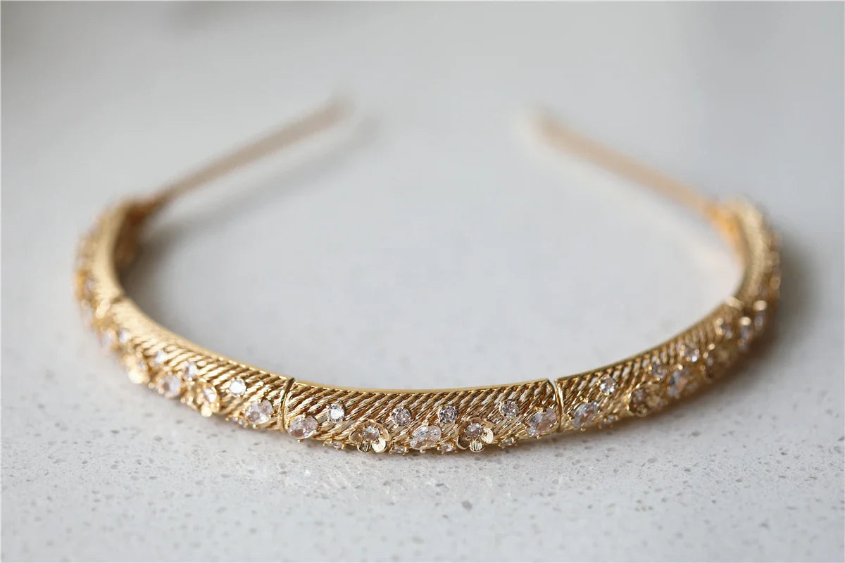 Vintage Gold Color Headpieces Crown Zirconia Headbands Hairbands For Bride Flower Tiaras Bridal Hair Jewelry Wedding Accessories