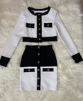 2021 High Street Summer Patchwork 2 Two-Piece Set O-Neck Long Sleeve Pocket Button Mini Bandage Dress Female Short Set