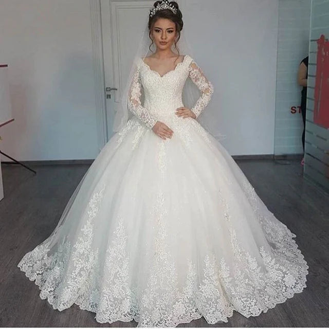 Vestidos de novia sexy com decote em v mangas compridas renda vestido de casamento vestidos de baile casamento robe de mariage vestidos de casamento plus size