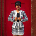 Autumn Women'S Houndstooth Tweed 2 Piece Sets Of Sexy Long-Sleeved Round Neck Button Coat + Short Pencil Skirt Party Suits