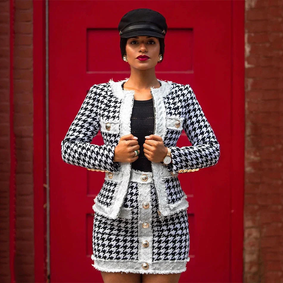 Autumn Women'S Houndstooth Tweed 2 Piece Sets Of Sexy Long-Sleeved Round Neck Button Coat + Short Pencil Skirt Party Suits