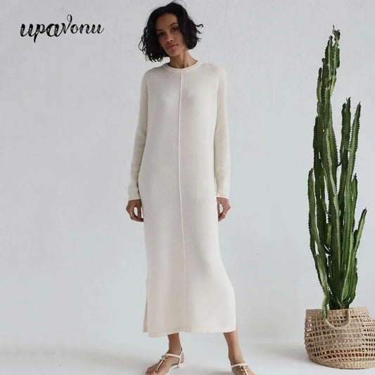 2024 Casual Midi Knit Dress Women's O-neck Long Sleeve Split Straight Dresses 2023 Autumn Pure Color Knit Vestidos