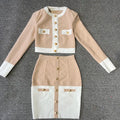 2024 Patchwork Black White O Neck Long Sleeves With Pockets Buttons Two Pieces Bandage Skirt Women Set Khaki