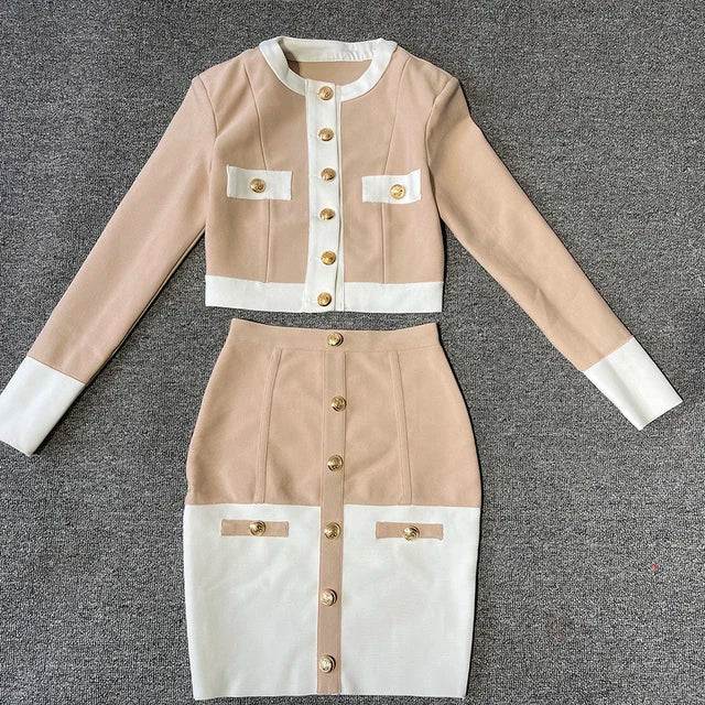 2024 Patchwork Black White O Neck Long Sleeves With Pockets Buttons Two Pieces Bandage Skirt Women Set Khaki