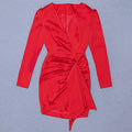 Sexy Red Satin Dress Women's Deep V Neck Puff Sleeve Bodycon Draped Dress Club Night Party Mini Vestidos