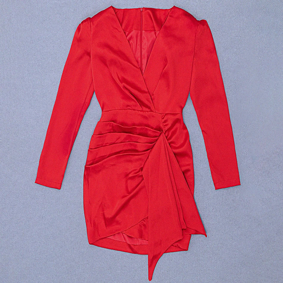 Sexy Red Satin Dress Women's Deep V Neck Puff Sleeve Bodycon Draped Dress Club Night Party Mini Vestidos