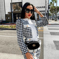 Autumn Women'S Houndstooth Tweed 2 Piece Sets Of Sexy Long-Sleeved Round Neck Button Coat + Short Pencil Skirt Party Suits