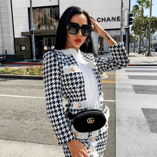 Autumn Women'S Houndstooth Tweed 2 Piece Sets Of Sexy Long-Sleeved Round Neck Button Coat + Short Pencil Skirt Party Suits