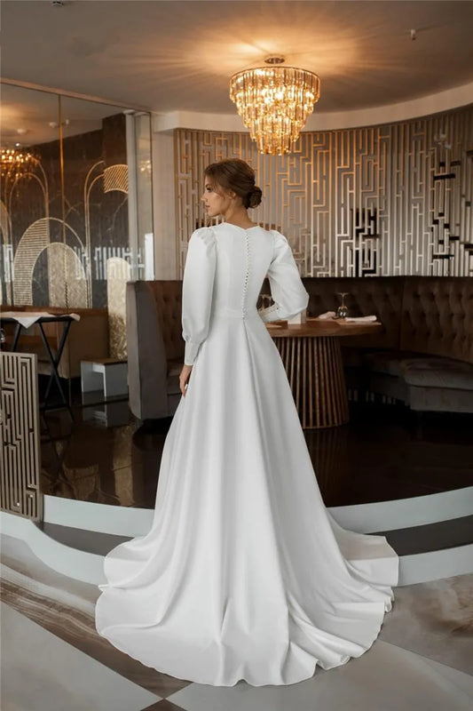 Customized Elegant Long Sleeve Wedding Dresses Satin Vestido De Noiva Muslim Bridal Gowns Dubai Back Button Robe De Mariée