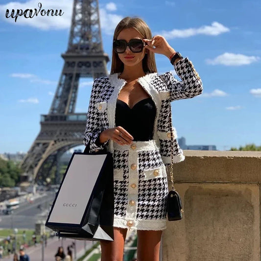 Autumn Women'S Houndstooth Tweed 2 Piece Sets Of Sexy Long-Sleeved Round Neck Button Coat + Short Pencil Skirt Party Suits