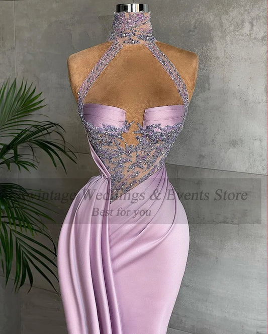 Lilac Mermaid Lace Evening Dresses Satin High Neck Women Prom Party Gowns Applique Formal Night Club Dress Custom Made