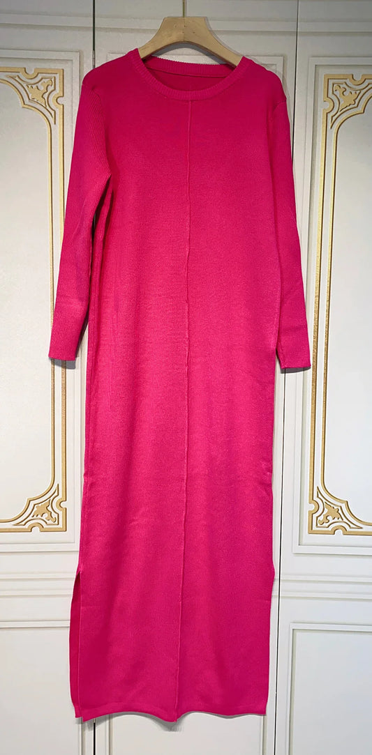 2024 Casual Midi Knit Dress Women's O-neck Long Sleeve Split Straight Dresses 2023 Autumn Pure Color Knit Vestidos Rose Red