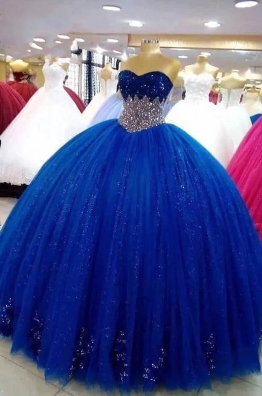 Royal Blue Sweetheart Ball Gown Princess Quinceanera Dress Beads Appliques Tulle Vestidos De Princess Party Gowns Blue