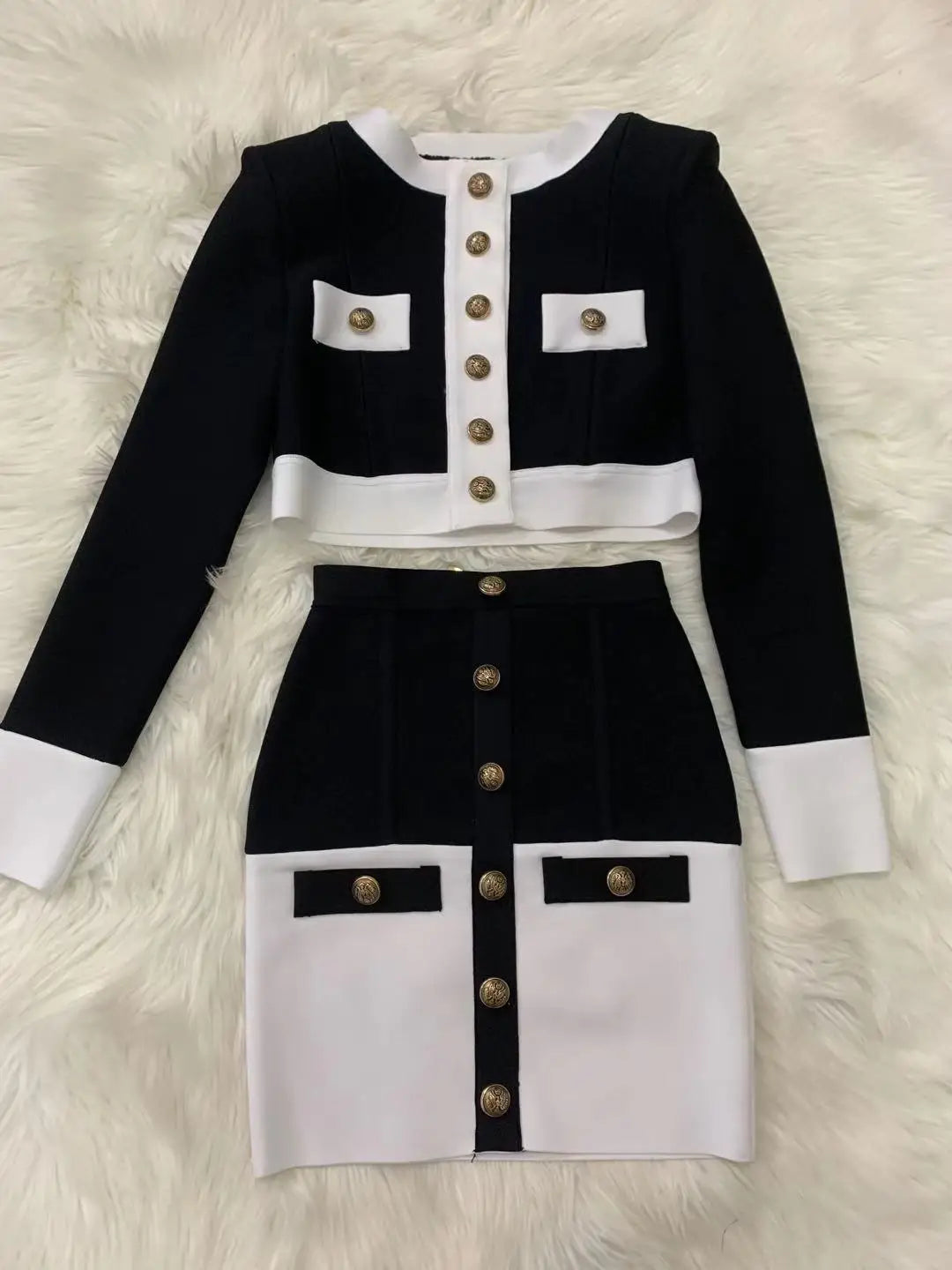 2021 High Street Summer Patchwork 2 Two-Piece Set O-Neck Long Sleeve Pocket Button Mini Bandage Dress Female Short Set