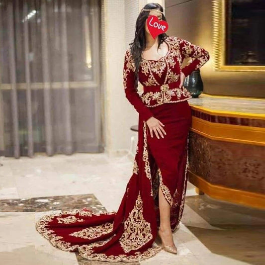 Mermaid Karakou Algerian Velvet Evening Dress Long Sleeves Appliques Lace Party Gowns Removbale Court Train Prom Dress