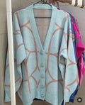 Women's Casual Oversized Cardigan Knitted Fall V-neck Lantern Long Sleeve Single-breasted Printed Knit SKY BLUE