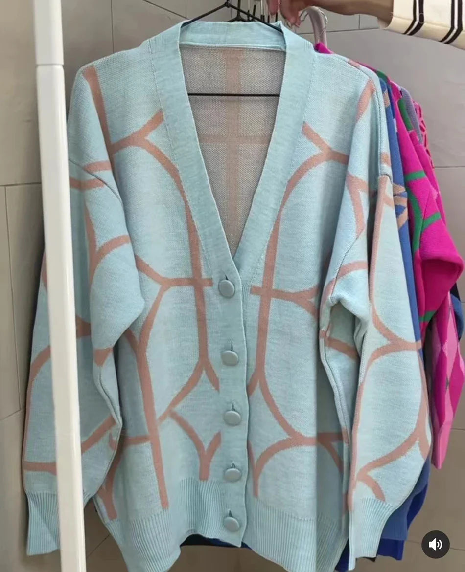 Women's Casual Oversized Cardigan Knitted Fall V-neck Lantern Long Sleeve Single-breasted Printed Knit SKY BLUE