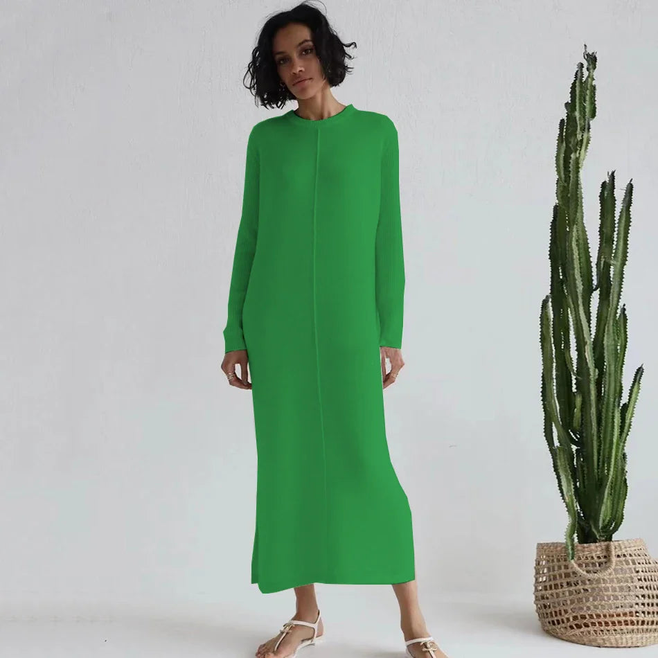 2024 Casual Midi Knit Dress Women's O-neck Long Sleeve Split Straight Dresses 2023 Autumn Pure Color Knit Vestidos green