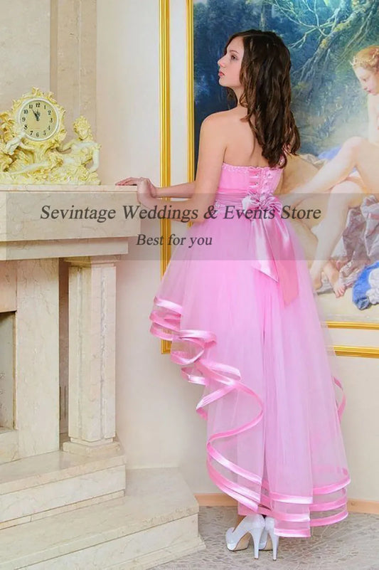 One Shoulder High Low Tulle Homecoming Dress Vintage Above Knee Mini Cocktail Dresses Bow Lace Prom Gowns vestidos