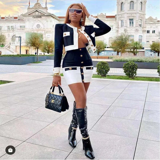 2021 High Street Summer Patchwork 2 Two-Piece Set O-Neck Long Sleeve Pocket Button Mini Bandage Dress Female Short Set