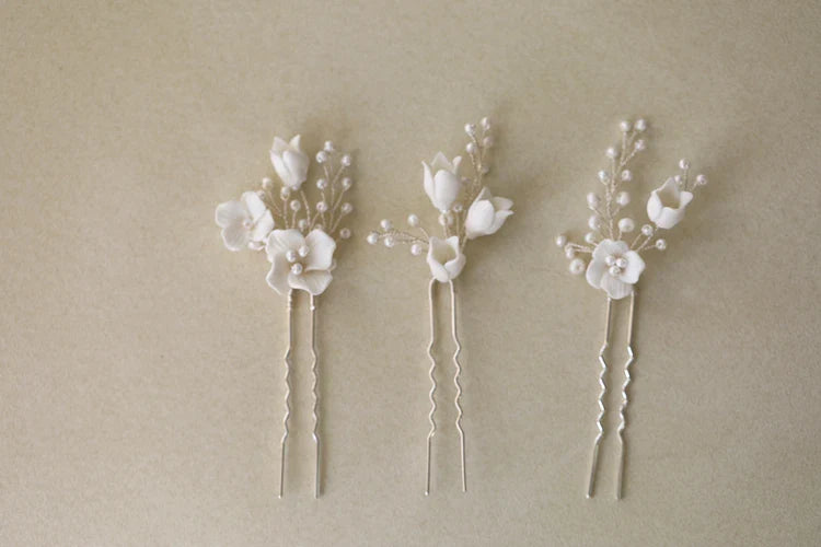 Bridal Jewelry Porcelain Flower Hairpins Silver Color Hair Pin Clip For Brides Bridesmaids Women Head Pieces Wedding Accessories