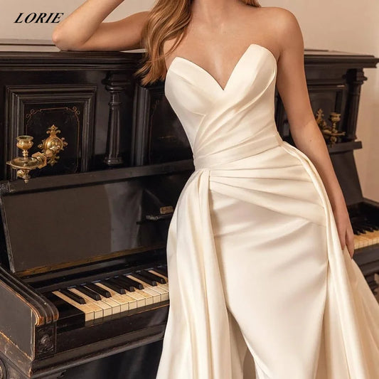 Sexy Satin Off Shoulder Wedding Dresses With Detachable Train Sweetheart A-Line White/Ivory Bridal Gowns vestidos de novia