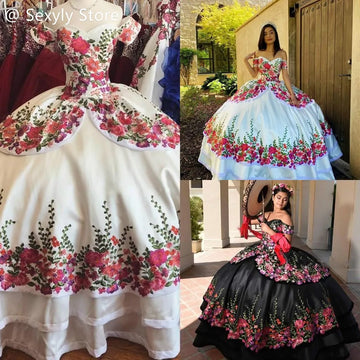 Vintage White Black Quinceanera Dresses Charro Mexcian Girls Floral Applique Tiered Off Shoulder Birthday Sixteen Customized Ivory