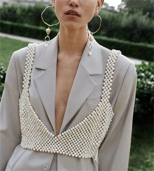 High Street Deep V Neck Pearl Vest Women Fashion Crop Top Ladies White Sleeveless Sexy Club Tank Top Blusas