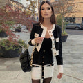 2024 Patchwork Black White O Neck Long Sleeves With Pockets Buttons Two Pieces Bandage Skirt Women Set