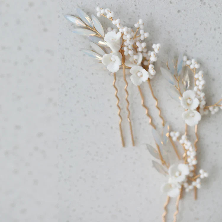 Porcelain Flower Hair Pins Clips Opal Head Pieces Gold Silver Color Hairpins For Brides Women Bridal Jewelry Wedding Accessories