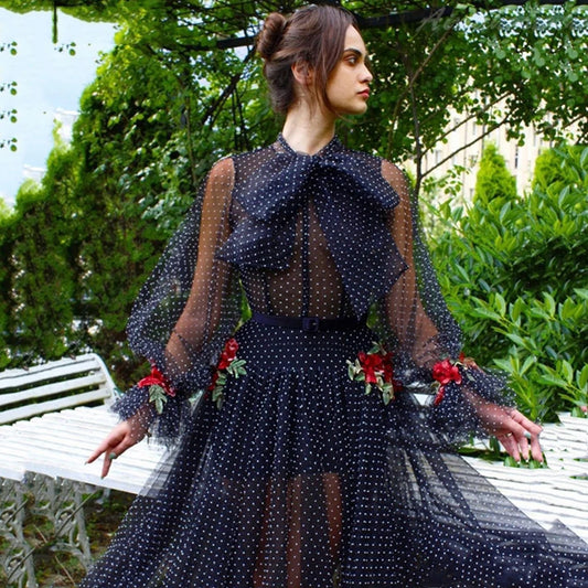 Black Dotted Tulle Prom Dresses Long Sleeves High Neck Romantic Evening Gowns Red Flowers Princess Party Dress