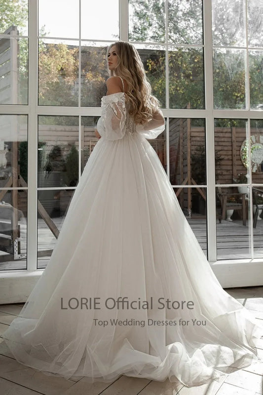 Glitter Wedding Dresses Puff Sleeve Appliques Lace 3D Flowers off Shoulder Tulle Boho Bride Gown vestidos de novia