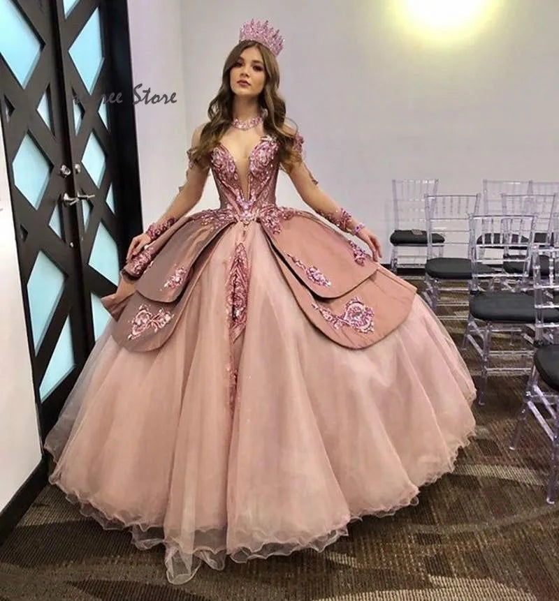 Dusty Pink Princess Quinceanera Dress With Rose Gold Sequin Long Sleev