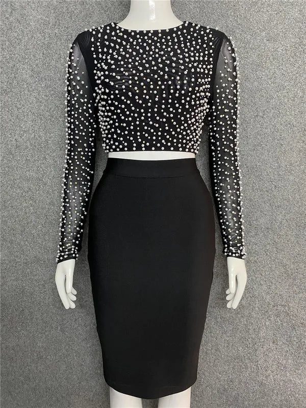 Black Khaki Color Ladies HL Bandage Dress Sexy 2 Pieces Bodycon Mini Dress Beading Tops Pencil Skirt Women's Set