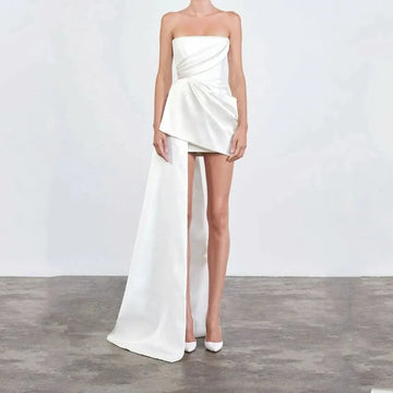 Unique Sexy Elegant Strapless Sleeveless Hi-Lo Short Prom Dress Mini Cocktail Gown Custom Made As Picture