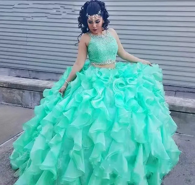 Two Pieces 1960S High Neck Quinceanera Dress Sexy Hollow Zipper Crystal Lace Sweet 16 Dresses Plus Size Vestidos De 15 Anos