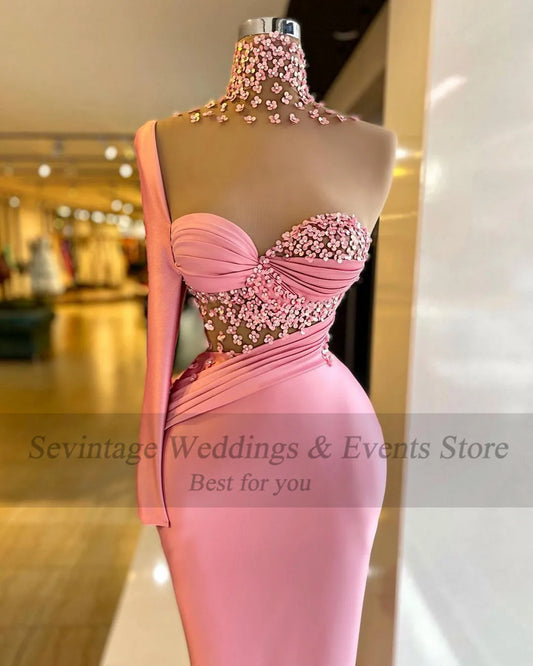 Pink Mermaid Prom Dresses Soft Satin Sequin Long Sleeves Formal Evening Party Gowns High Neck Dubai Women Prom Gowns