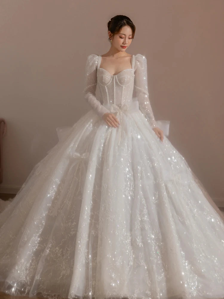 Classic Full Sleeve Wedding Dress Shining Sequins Pearl Ball Gown Plus Size Custom Made Luxury Bridal Dresses Robe De Mariee