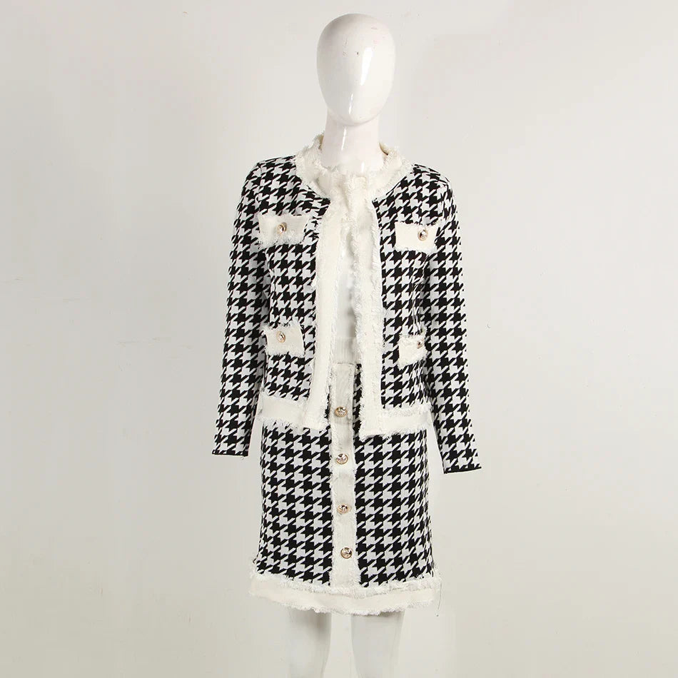 Autumn Women'S Houndstooth Tweed 2 Piece Sets Of Sexy Long-Sleeved Round Neck Button Coat + Short Pencil Skirt Party Suits WHITE