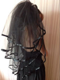 Four-Layer Black Tulle Veil Ribbon Edge Wedding Veil Multi-Layer Fingertip Length Bridal Veil Metal Comb White