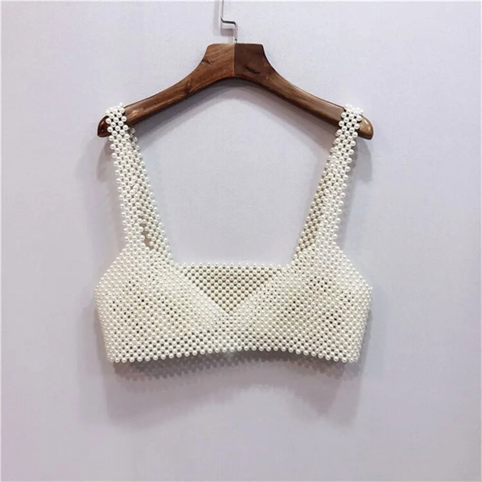 High Street Deep V Neck Pearl Vest Women Fashion Crop Top Ladies White Sleeveless Sexy Club Tank Top Blusas WHITE One Size