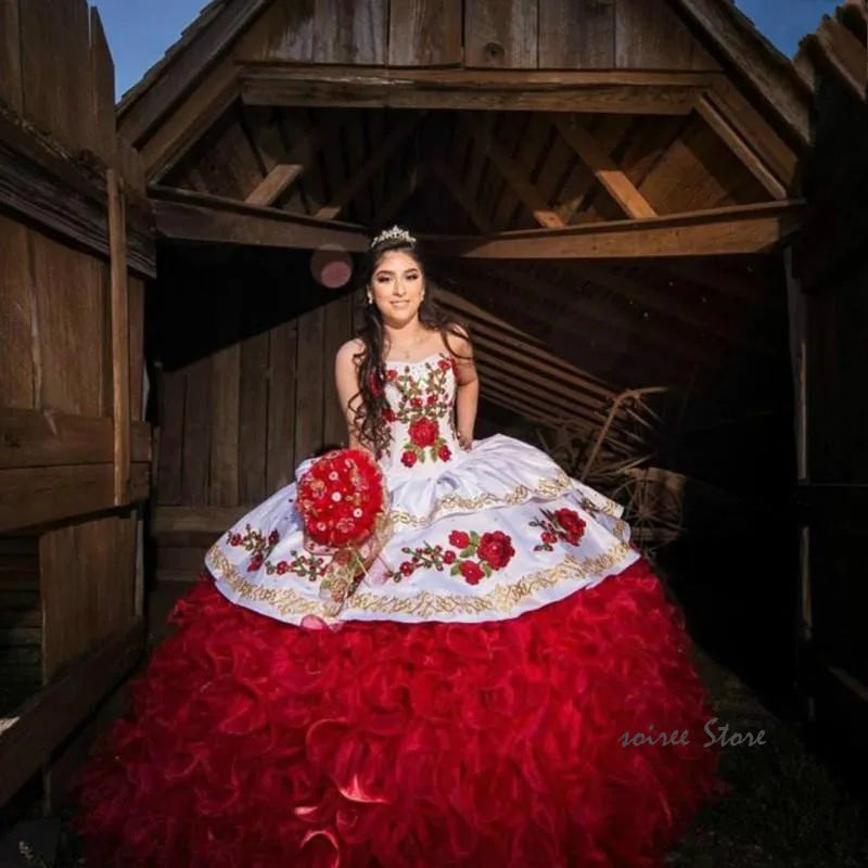Charro Red Quinceanera Dresses Mexican Tiered Ruffles Masquerade Sweet 16 Dress Luxury Vestidos De 15 Años Birthday Customized