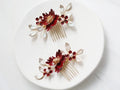 Leaf Hairpin Red Flower Hair Comb Clips Brides Bridesmaids Gold Color Head Pieces Headdress Wedding Accessories Bridal Jewelry