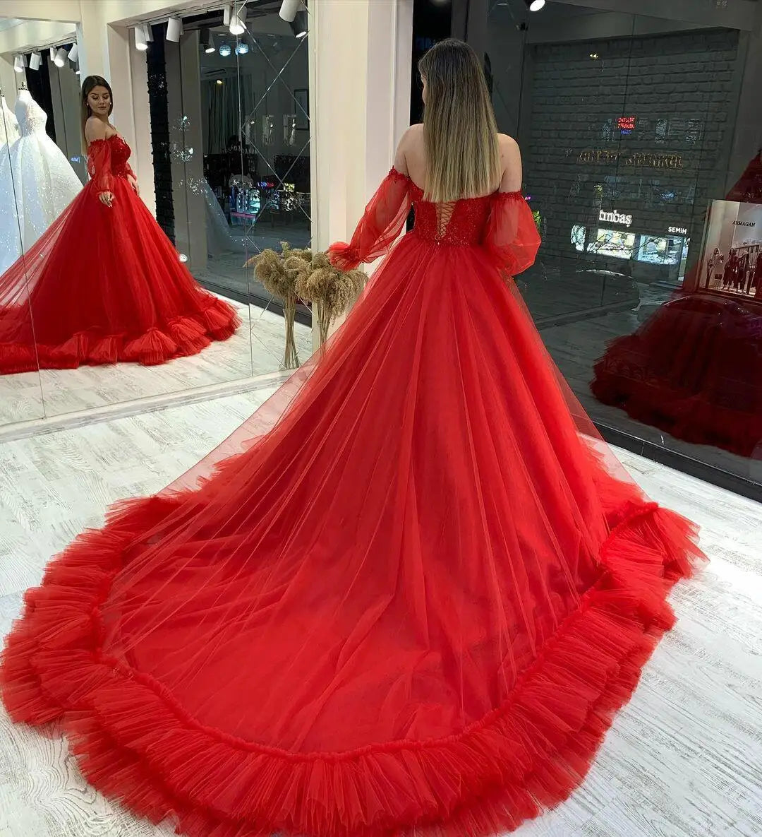 customized Red Prom Dresses Long Vestidos Puffy Sleeve Tulle Backless Formal Evening Party Gowns Beauty Pageant Dresses платье