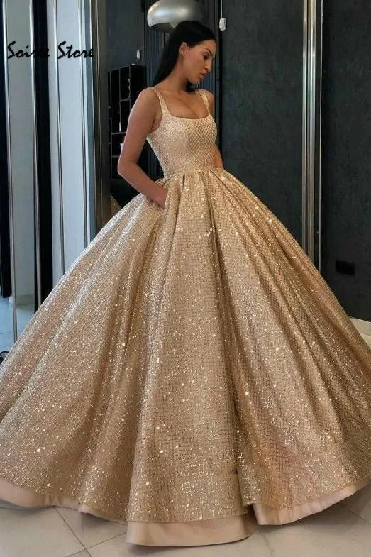 Spark Bling Gold Sequin Quinceanera Dresses Ball Gown Vestidos 15 Años Quinceañera Floor Length Square Xv Birthday Customized Gold